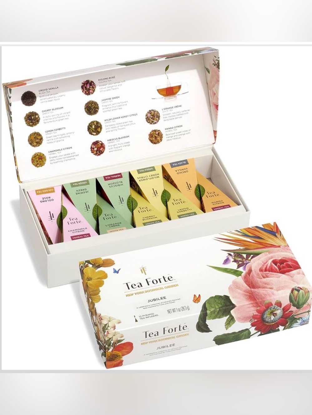 Tea Forte NYBG Jubilee Tea Sampler 10 Pyramid Infuser Bags, Premium Tea Gift Set